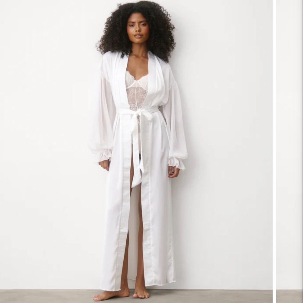 Sheer Long White Robe with Satin Tie - Women's Lingerie
